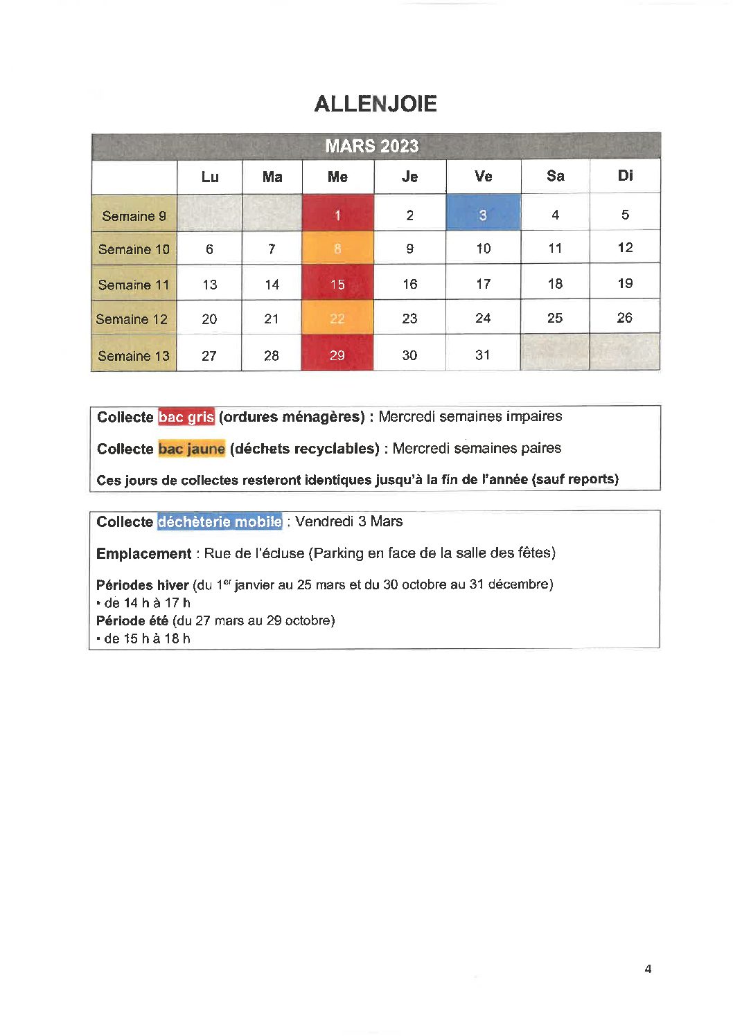 Calendrier de collectes des déchets ménagers Mars 2023